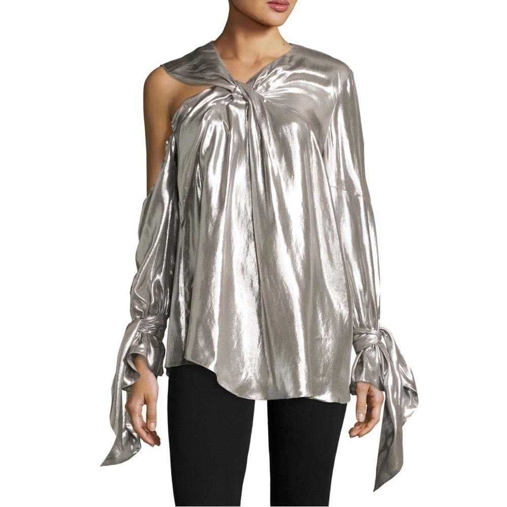 IRO Agata Silver Lamé Blouse Size 34=US XS Asymmetrical Metallic Chrome iro EUC